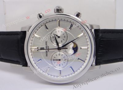 Best Patek Philippe Replica Moon Phase Watch - White Dial / Black Leather Strap